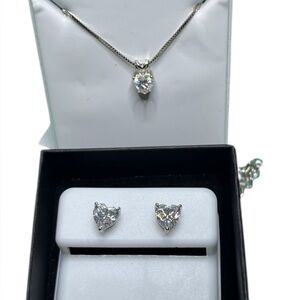 🆕 Dainty Heart Necklace & Earrings Sterling Silver Set with Moissanite stones